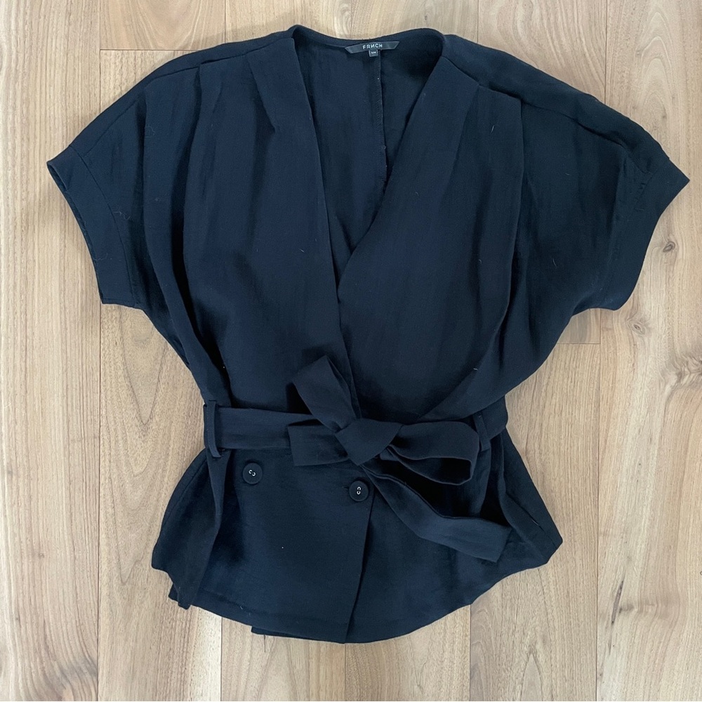 FRNCH Black Wrap Blouse with Cinch Belted Waist